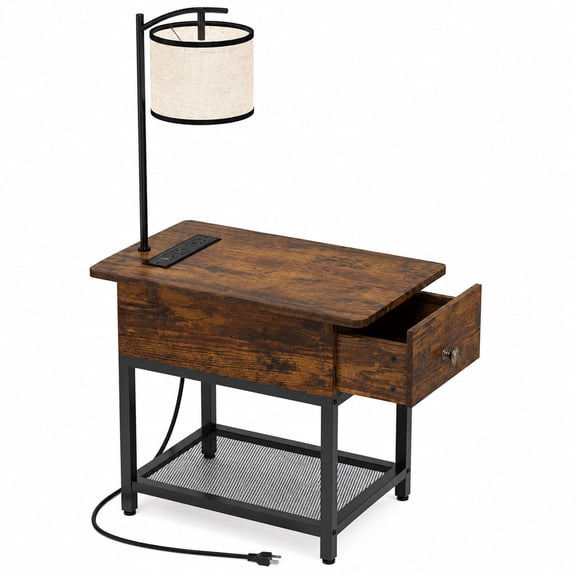 Floor Lamp with Table, Narrow Side Table with Charging Station