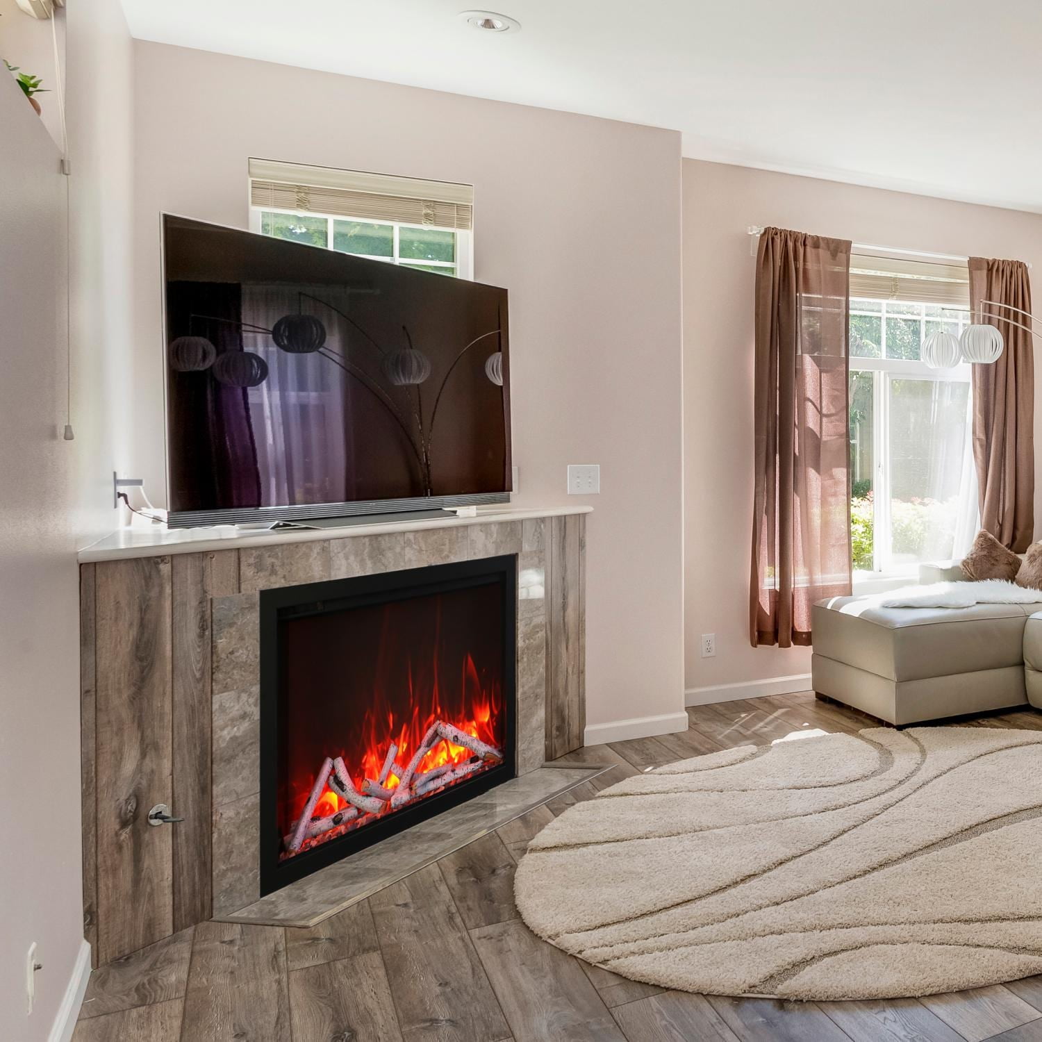 Smart 44” Fireplace – includes a steel trim, glass inlay, 20 piece log set with remote and cord