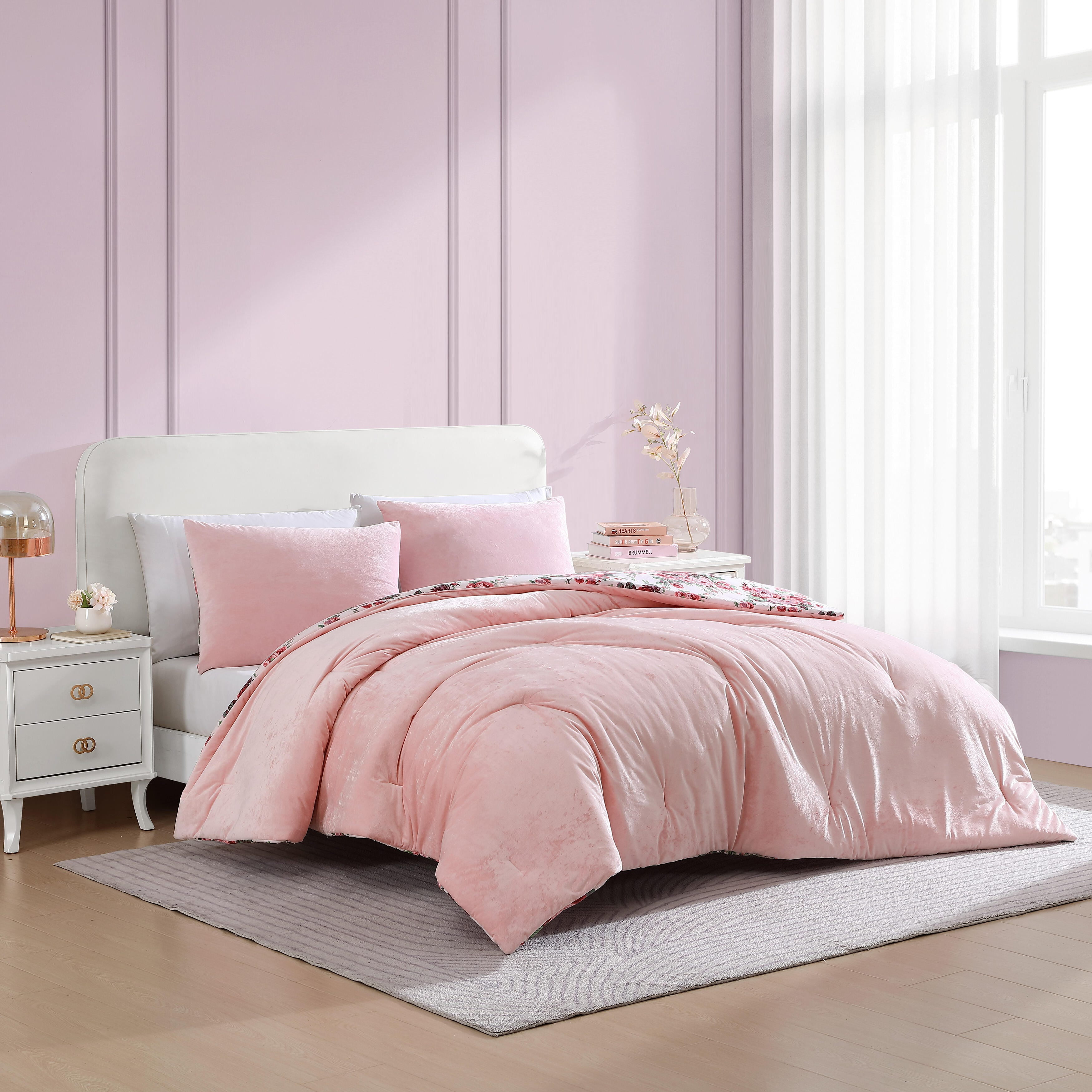 Betsey Johnson Velvet Solid Sea Pink Full/Queen Duvet Cover Set, Soft Bedding with Shams, Machine Washable