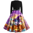 thumbnail image 4 of Knosfe Womens Halloween Dress Funny Ghost Bat Swing Party Vintage Dresses Long Sleeve V Neck Evening 1950s A Line Dress with Belt Purple 2XL, 4 of 4