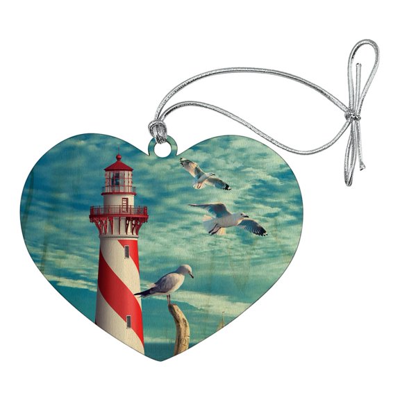 Lighthouse Seashore Ocean Beach Seagulls Sailboat Heart Love Wood Christmas Tree Holiday Ornament