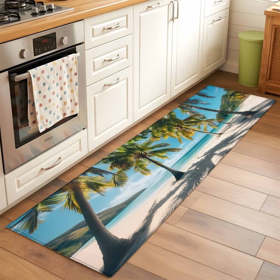 Tropical Beach Runner Rug for Hallway 2x6ft, Scenery Palm Trees Ocean Sky Sand Beach Non Slip Floor Mat Washable Low-Profile Indoor Carpet for Living Room, Bedroom, Dining Room