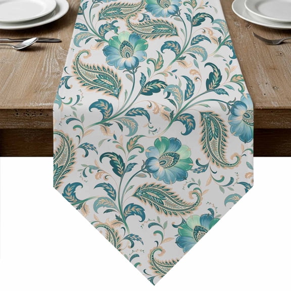 Table Runners 72 Inches Long, Teal Paisley Floral Cotton Linen Kitchen Dining Coffee Table Runner for Party Home Decor, Boho Ethnic Tribe Traditional Tabletop Dresser Scarves Runner 16x72 Inch
