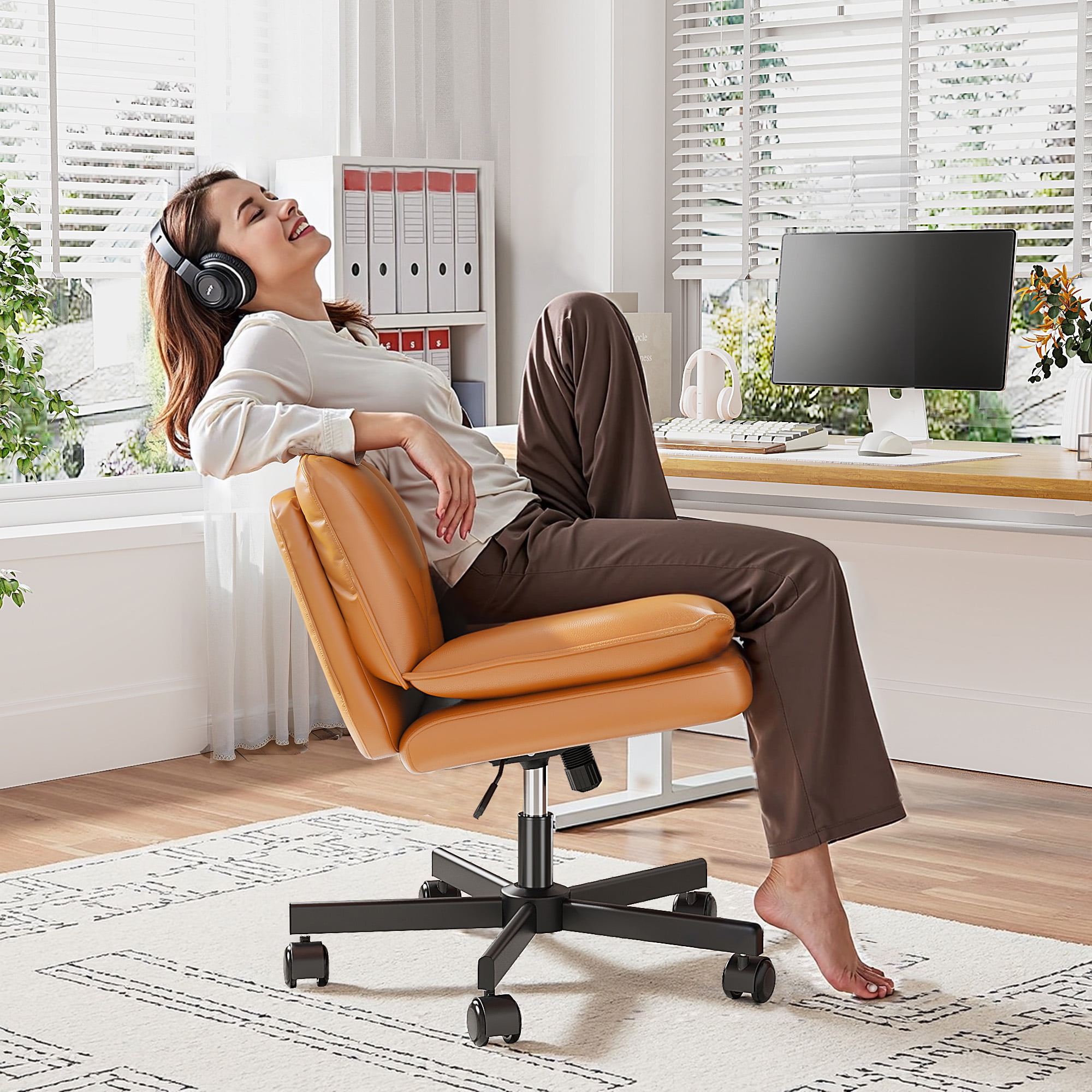 Romorgniz 27" W Chair Criss Cross Legged Office Chair Armless Adjustable Desk Chair with Wheels, Wide Seat, and 2-Layer Cushion, Orange