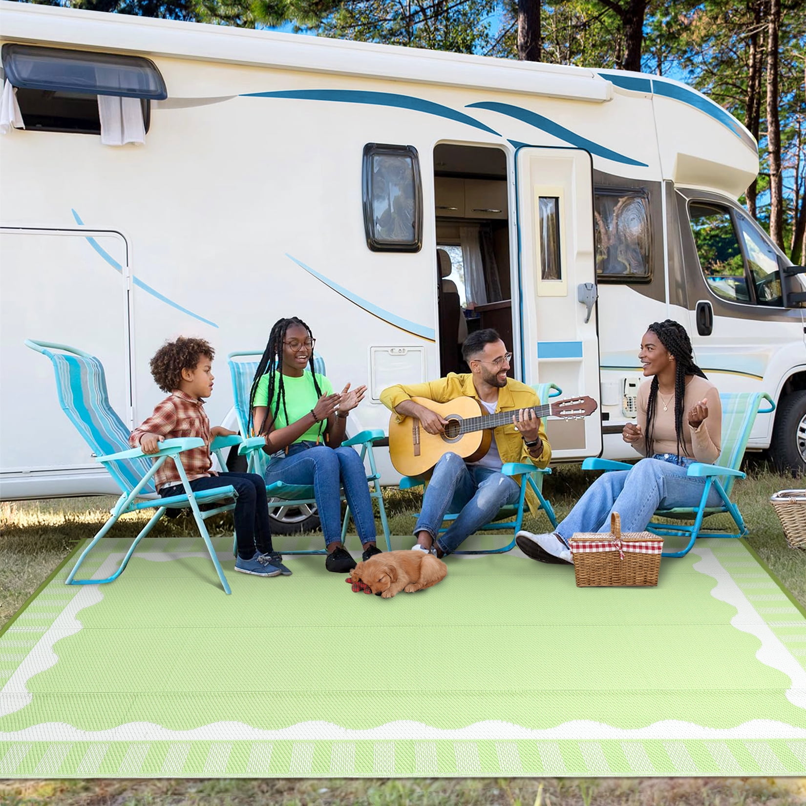 Nanan 9'x12' Outdoor Patio Rug Modern Scalloped Bordered Outdoor Rug Waterproof Reversible Plastic Straw Rug for Camping Picnic Deck Balcony, Light Green