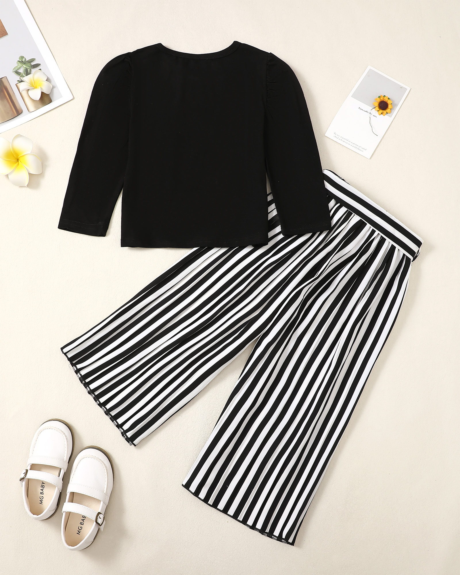 5T Baby Girls Clothes 6Y Girls 2PCS Outfits Set Round Neck Little Girls Long Sleeve Top Pants Set Black