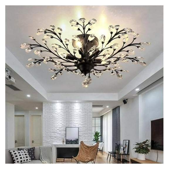 Crystal Branches Chandeliers 5 Light, Black Vintage Ceiling Light Fixtures Flush Mount Modern LED Pendant Lighting for Kitchen Bedroom Living Room Dining Room Hallway, E12 Bulb, 30”Dia