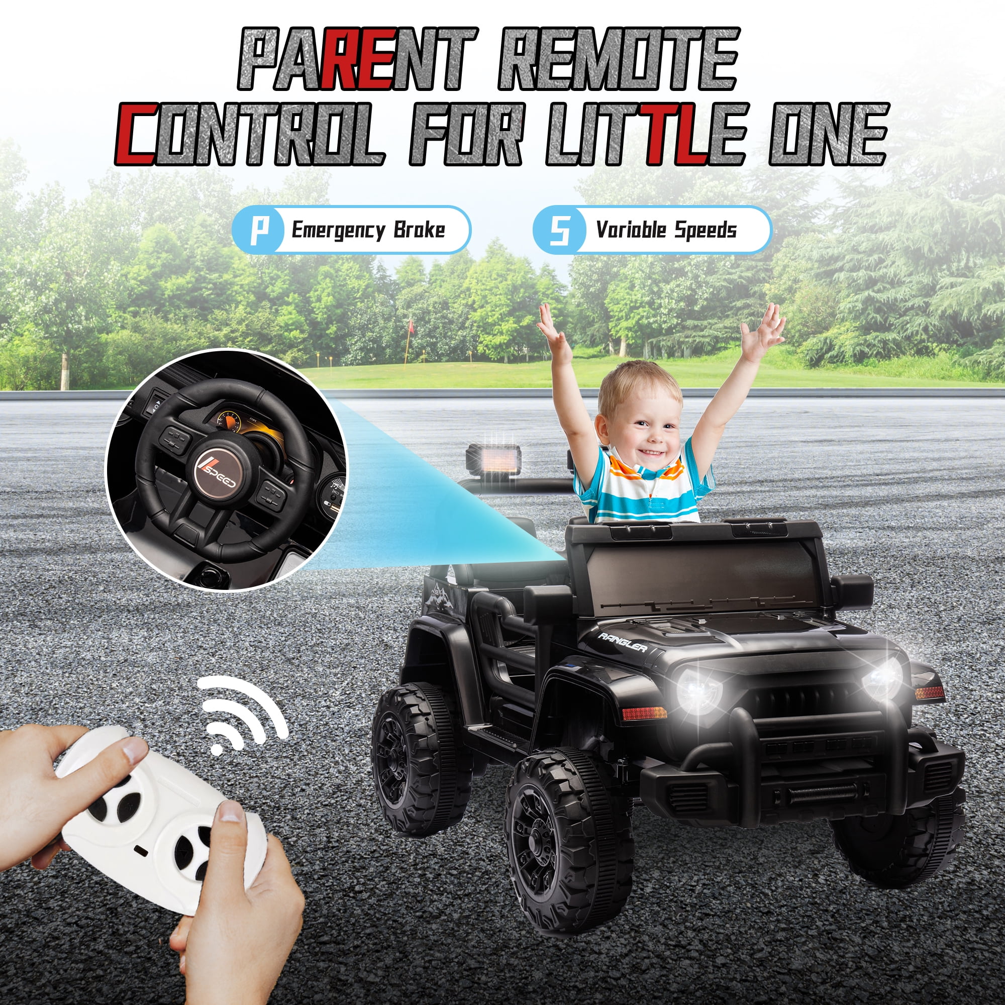 Xuanlur 12V Kids Ride on Car with Remote Control, Ride on Toys w/ Dual Drive, Four-Wheel Suspension, Bluetooth Music, LED Lights, USB, Shock Absorption, Toys Car for Kids Aged, Black