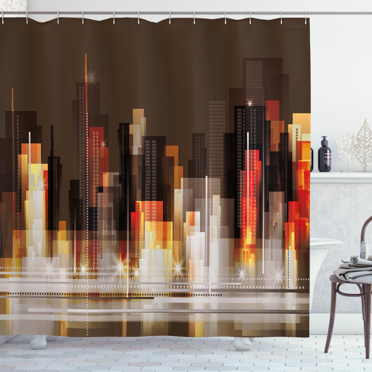 City Shower Curtain, Abstract Urban Downtown Vibrant Silhouettes