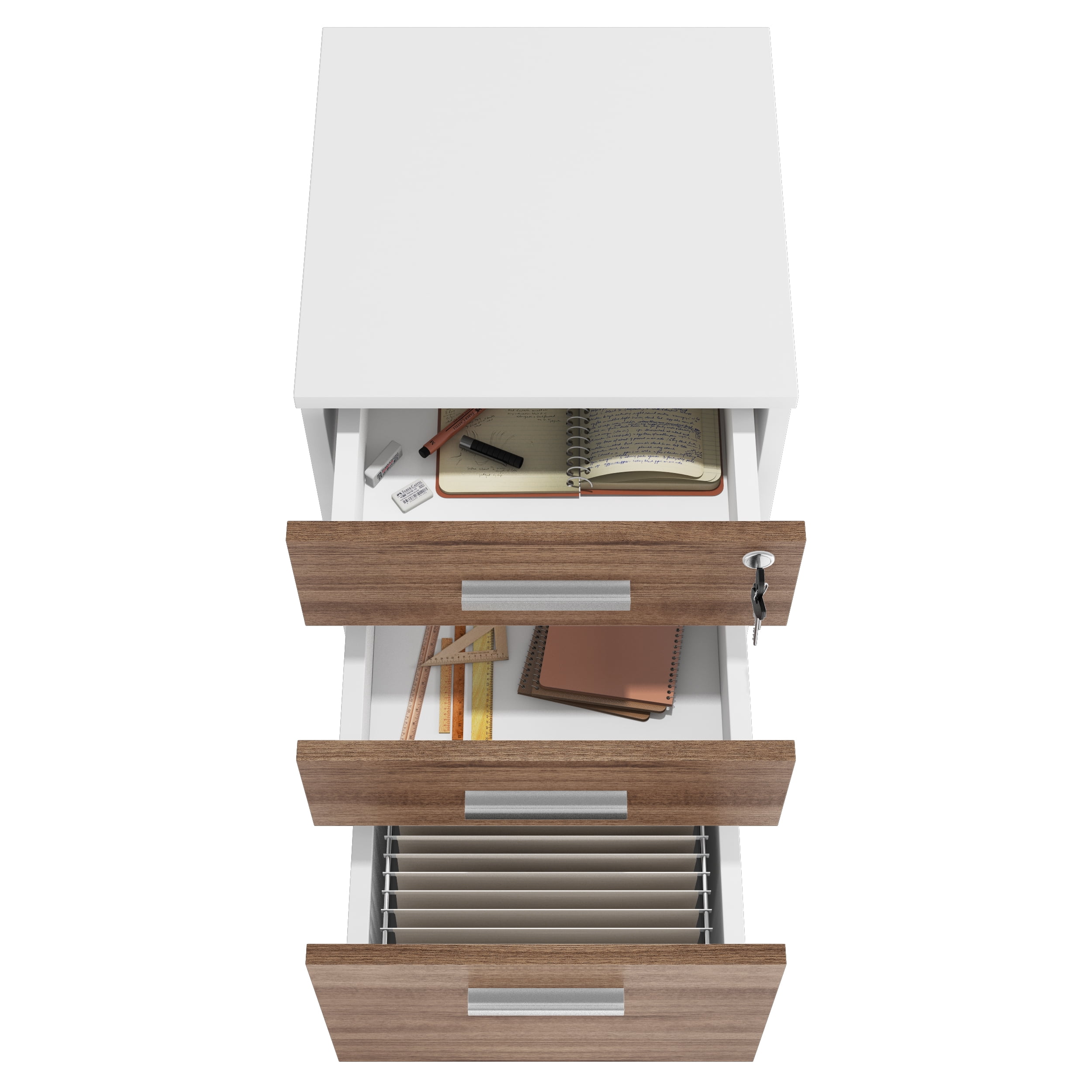 Modern Designs by Crafts and Comfort Lazio File Cabinet 3 Drawers with Lock - Great for Home and Office Use, Wheels and Fits Under Desks – Walnut / White Height 26 Inches