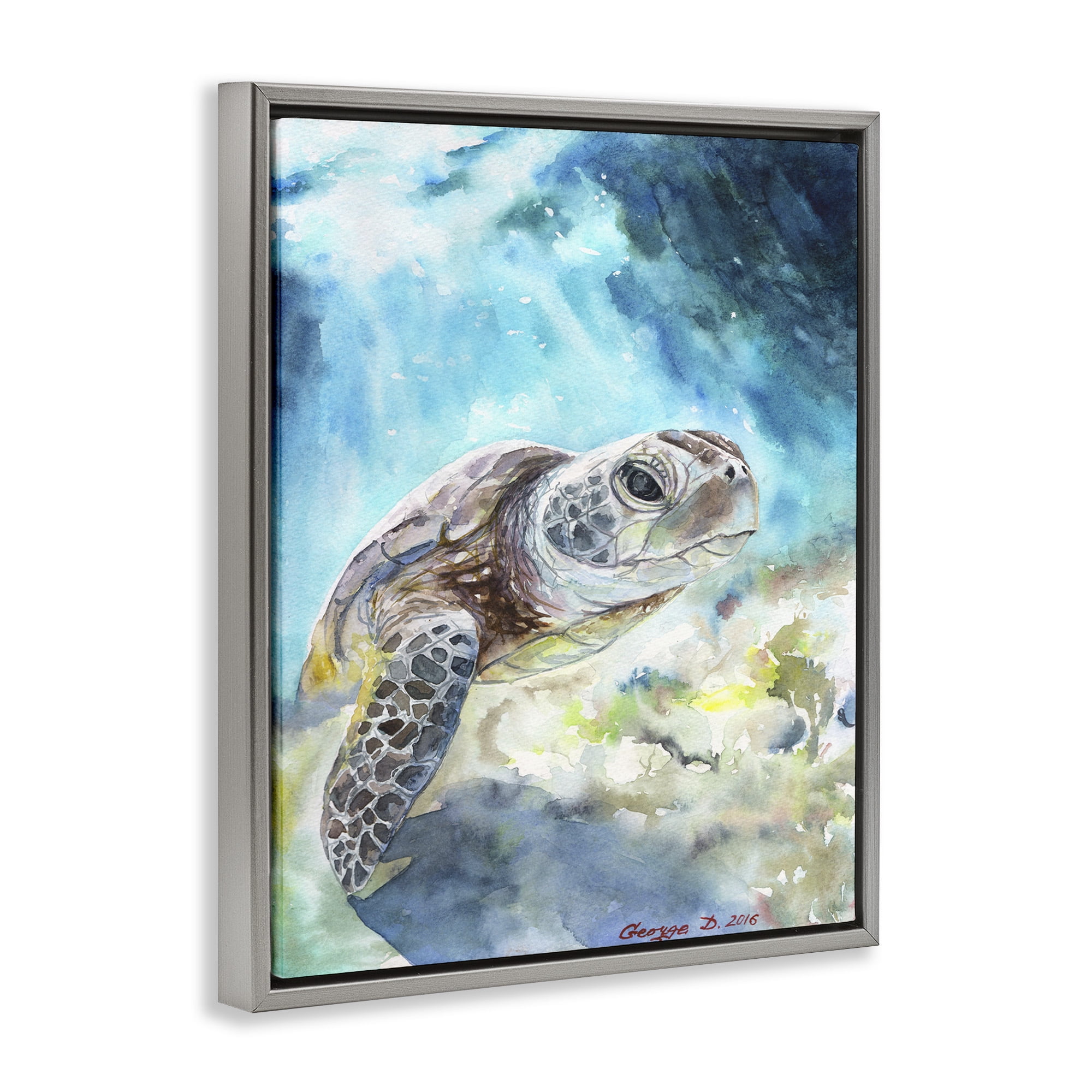 Stupell Industries Sea Turtle Ocean Watercolor Animals & Insects Painting Gray Floater Framed Canvas Art Print Wall Art, 17 x 21