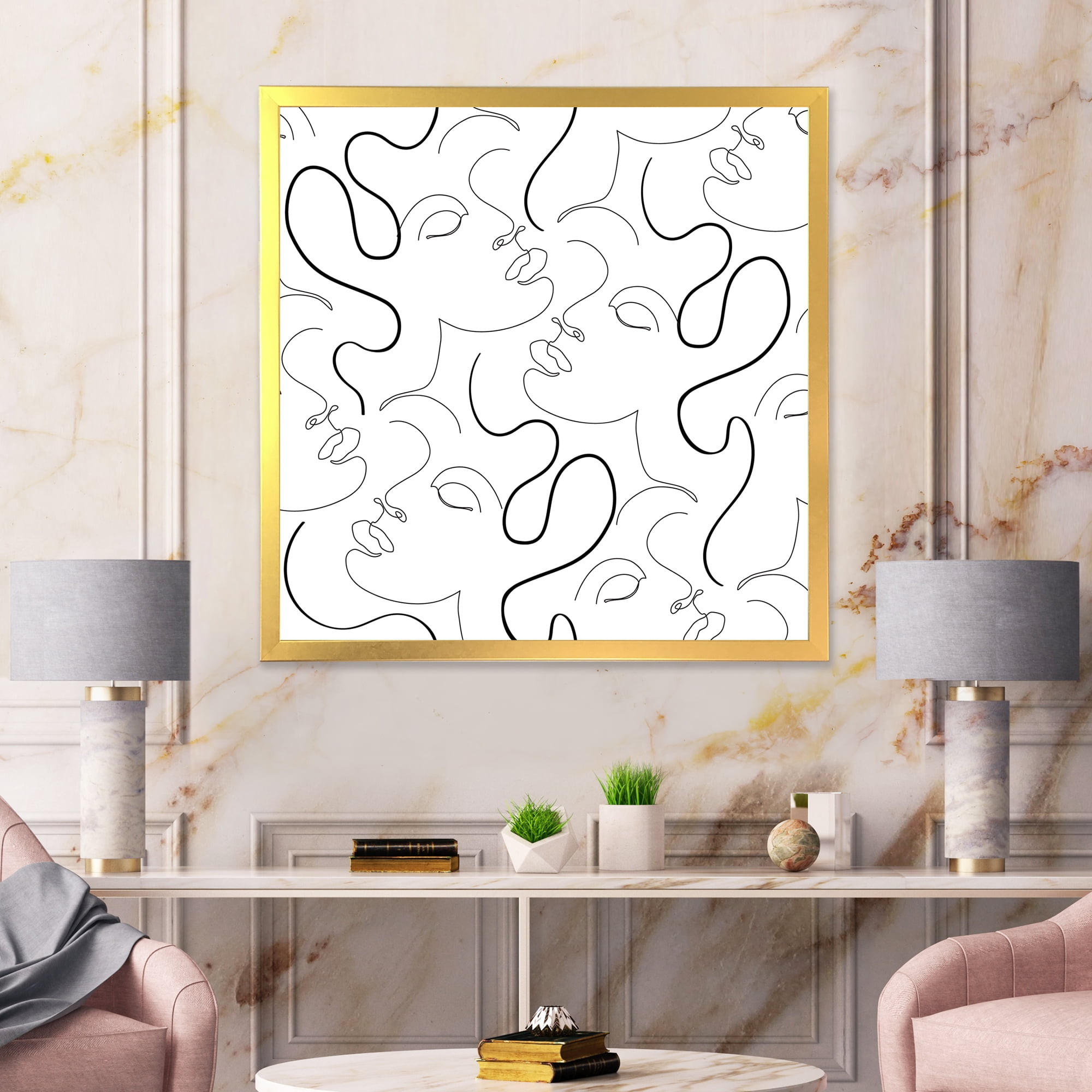 Designart 'Black and White One Line Drawing Portraits' Modern Framed Art Print