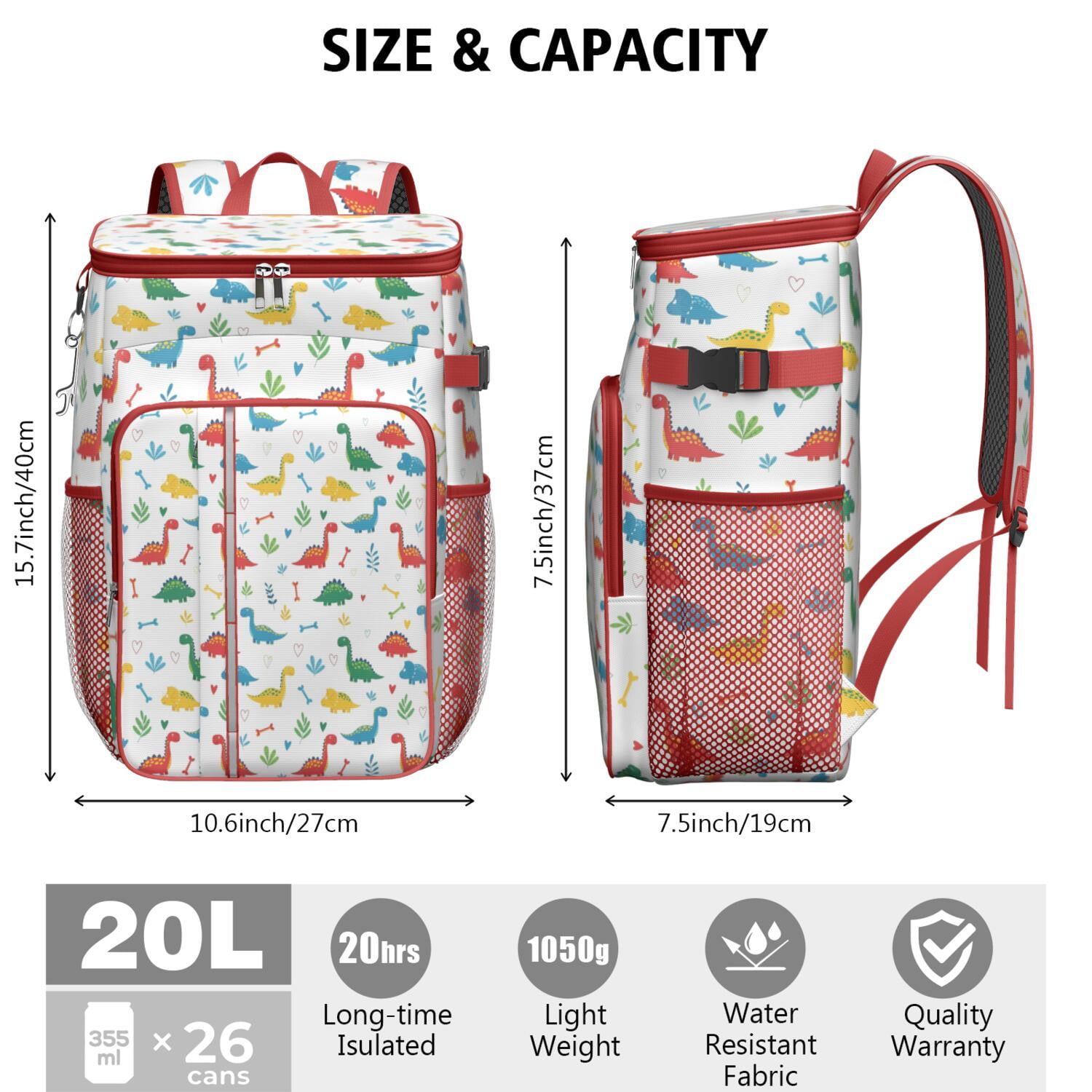 Travel Cooler Bag - White Cartoon Dinosaurs Bones Leaves Pattern Camping Beer Cooler Backpack with Bottle Opener- Waterproof Insulated Picnic Backpacks - Cooler Bag for Beach