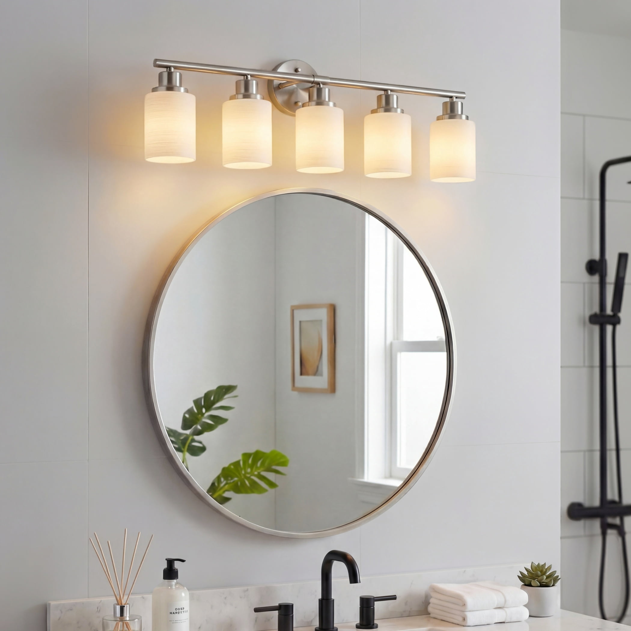 31" Brushed Nickel 5-Light Vanity Light Fixture with Frosted Glass Shades – Modern Wall Mount Bathroom Lighting for Over Mirror, Hallway, Powder Room, or Dressing Area (Bulbs Not Included)