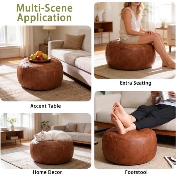Unstuffed Handmade Moroccan Round Pouf Foot Stool Seat Faux Leather Large Storage Bean Bag Floor Chair Foot Rest for Living Room, Bedroom or Wedding Gifts (Light Brown)
