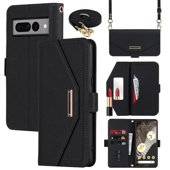 Jiahe Cover for Google Pixel 7, Wallet Phone Case with Card Holder,Shockproof Magnetic with Adjustable Shoulder Strap Slip Leather Stand Built-in Mirror Full Body Protector Cover, black