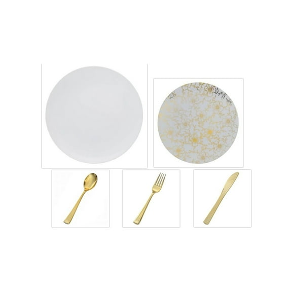 Party Source Plastic Plate Party White Dinner Plate 10.25" Gold Floral 8" Gold Cutlery 20 Set
