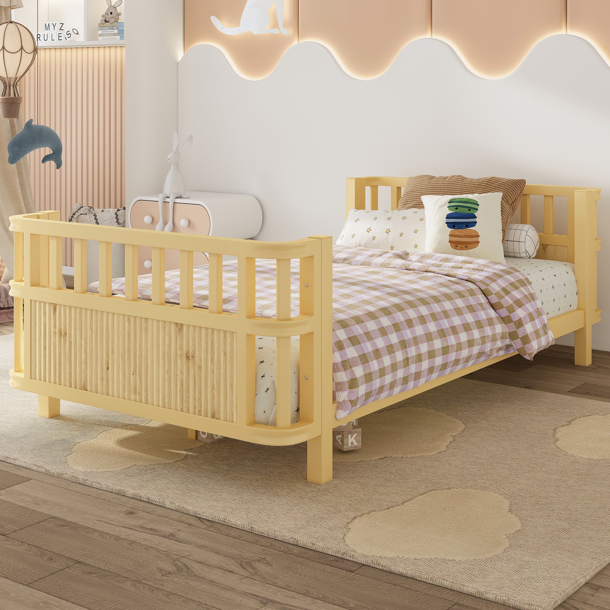 PORKISS Twin Size Platform Bed, Solid Wood Toddler Bed with Fence Guardrail, Twin Size Bed Frame for Kids Boys Girls, Montessori Bed, No Box Spring Needed, Natural