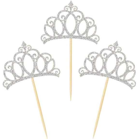 12pcs Silver Princess Crown Cupcake Toppers Cake Picks for Birthday Baby Shower Party Decorations