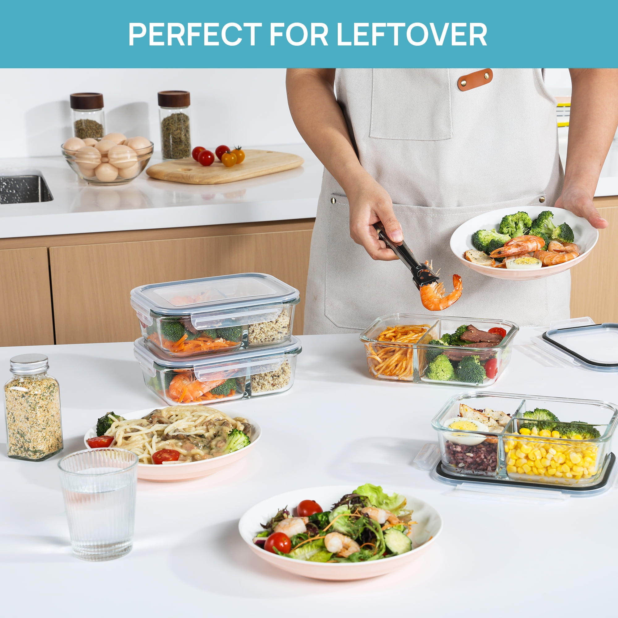 Sindcom 4 Pack 33oz Glass Food Storage Containers with Compartments, Meal Prep Bento Boxes, for Microwave, Oven, Freezer, Gray