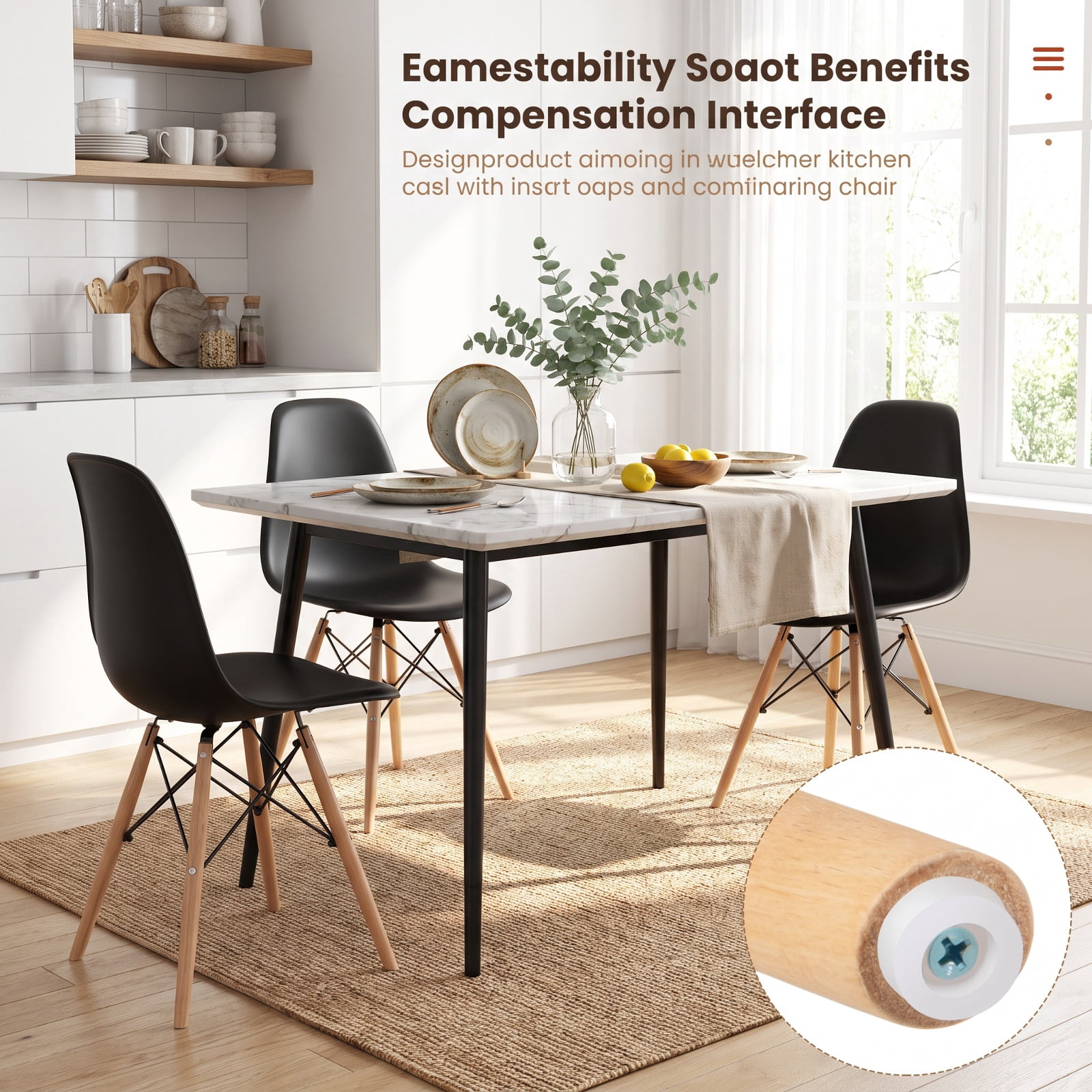 Furnibear 4 Pieces Modern Armless Dining Chair Set with Wood Legs for Kitchen Dining Room Living Room Home, Black