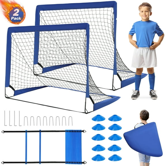 Doulami Soccer Goal Portable Set of 2 Soccer Nets 3x4 FT Training Equipment with Ladder & Cone,Blue