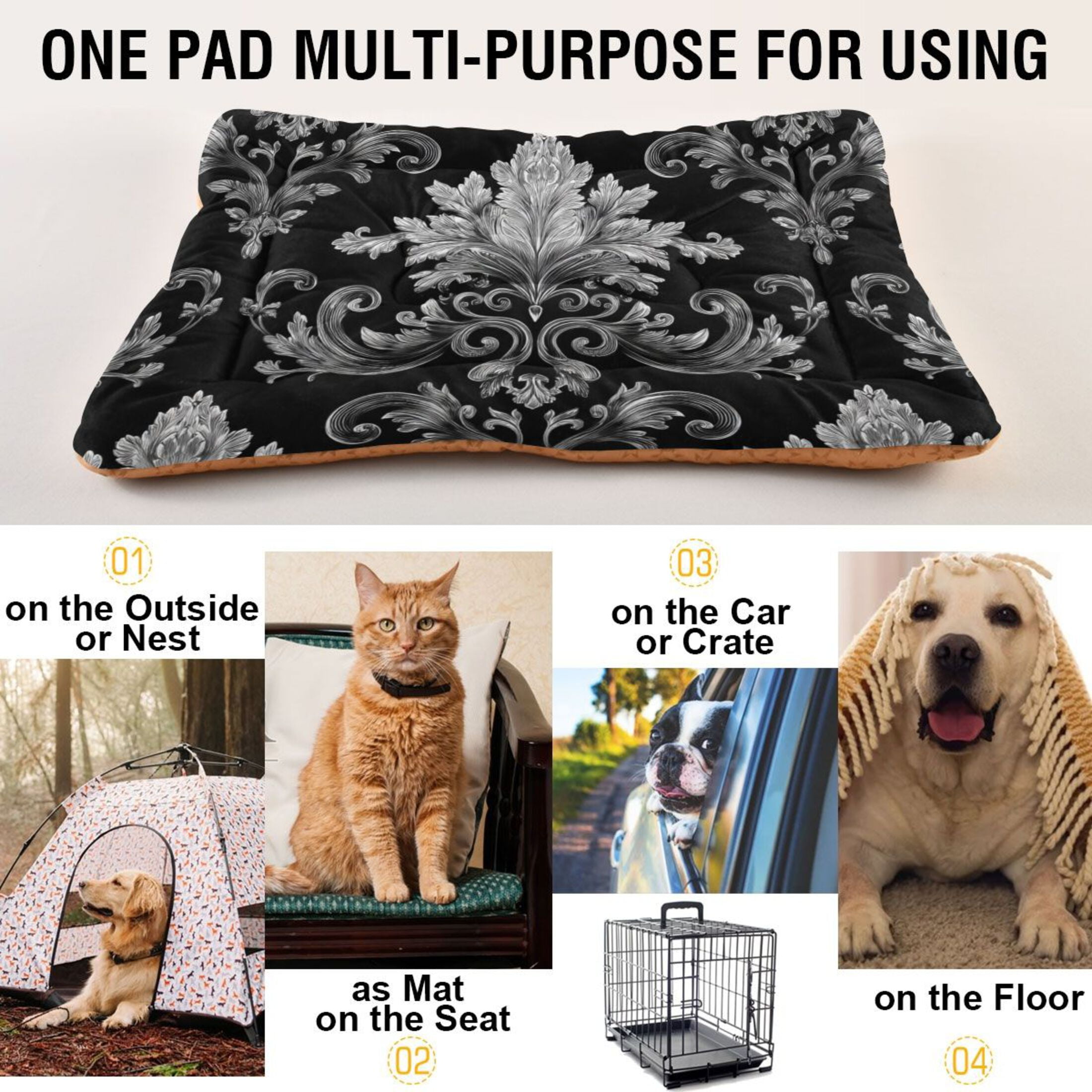 Cozy Mat Pet Bed Indoor Outdoor Warm Soft For Cat Dog Puppy(S/M) Intricate Silver Designs
