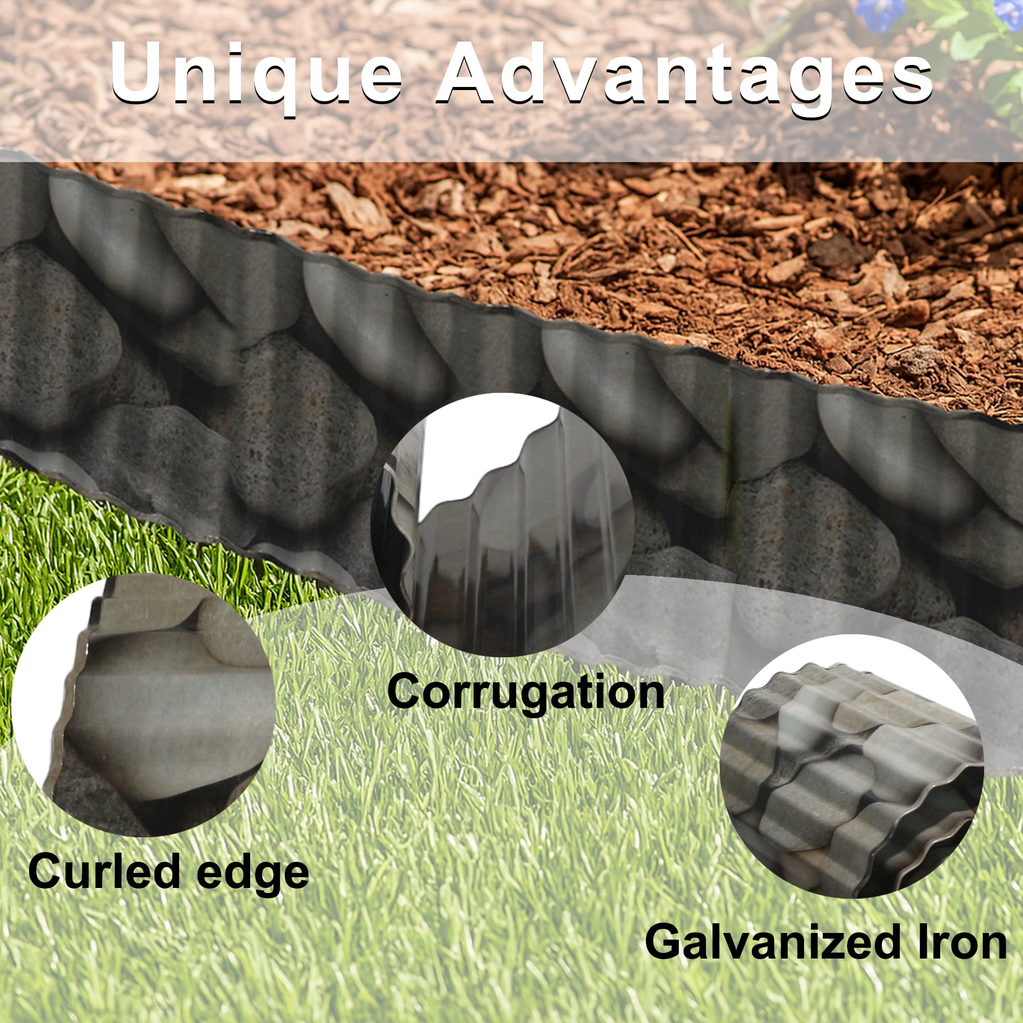 4W Double-Sided Pebble Print Galvanized Steel Garden Edging, 10" x 10.5' Flexible Corrugated Landscape Border for Flower Beds, Lawns, and Tree Rings
