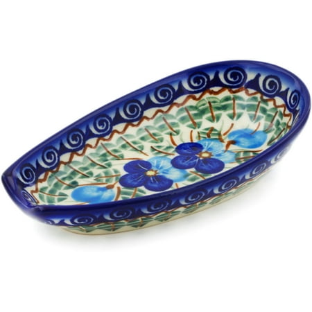 

Polish Pottery 5¼-inch Spoon Rest (Blue Pansy Theme) Hand Painted in Boleslawiec Poland + Certificate of Authenticity