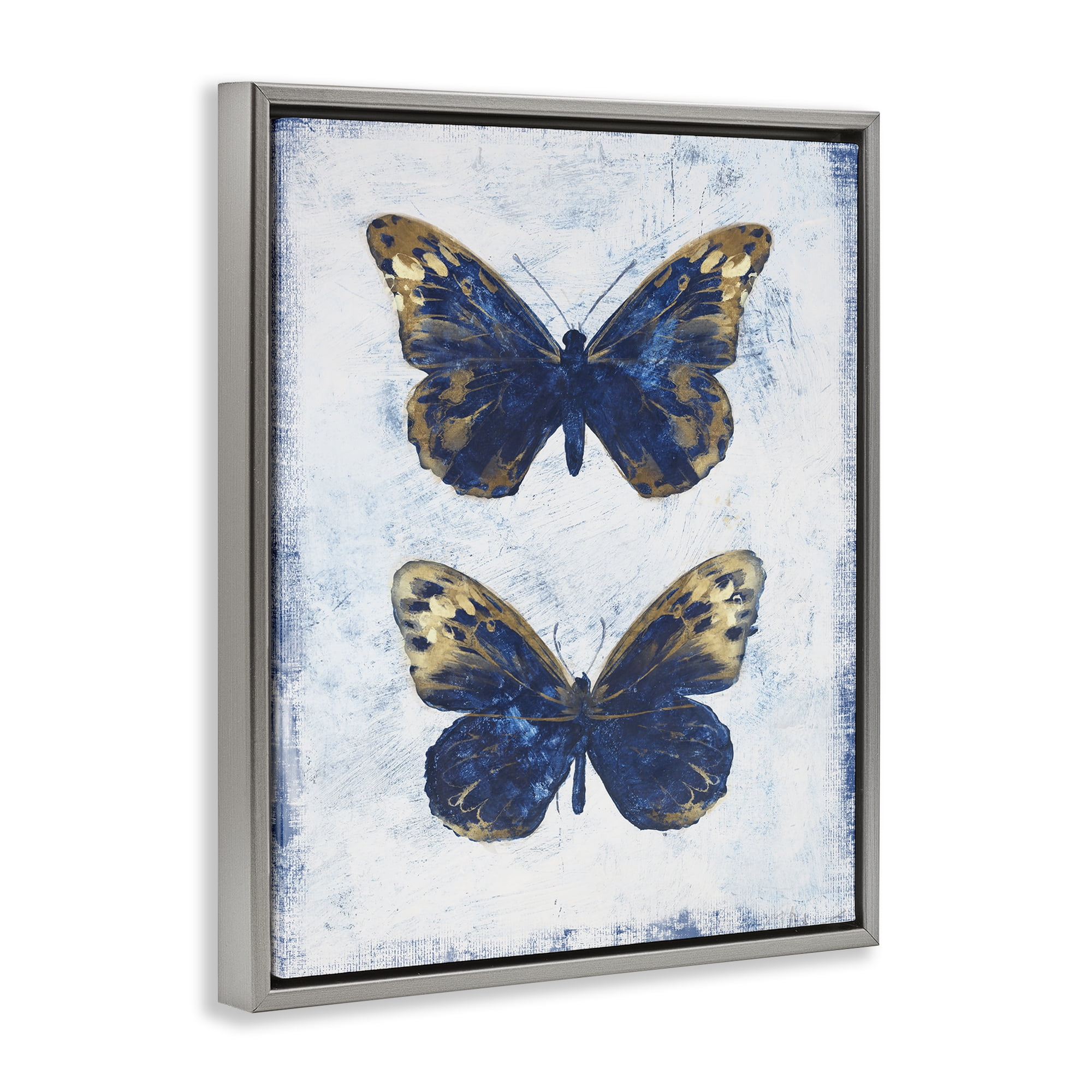Stupell Industries Gold & Blue Butterfly Animals Painting Gray Floater Framed Canvas Art Print Wall Art, 25 x 31