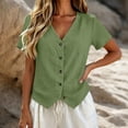 thumbnail image 4 of hoksml Women's Cotton Linen V Neck Short Sleeve Blouse, Button-Down Casual Shirt, Slim Fit Top for Daily and Summer Wear, 4 of 5