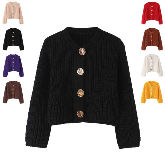 TGSLY Fall Button Down Sweater for Women Warm Soft Crew Neck Long Sleeve Chunky Knit Cropped Cardigan Loose Casual Solid Color Coat with Pockets L