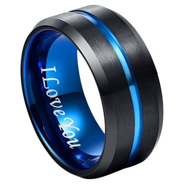 10mm Black Tungsten Carbide Ring with Blue Groove Men's Wedding Band Engraved I Love You Size 7-17