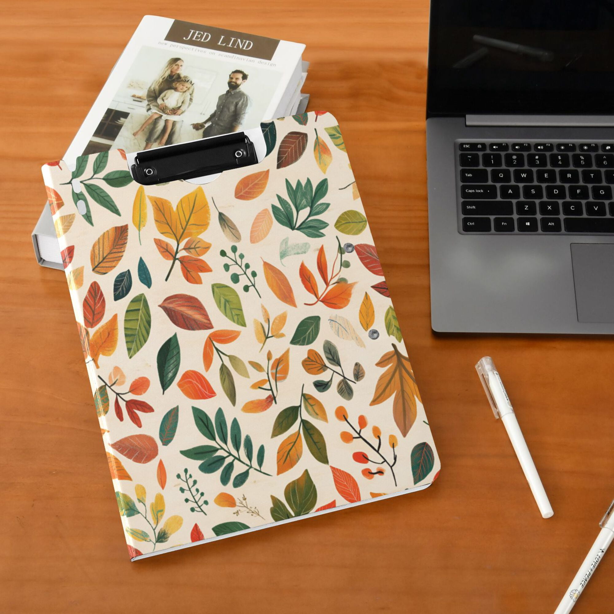 FORMRS A4 Clipboard Folder with Pen Holder Horizontal Foldable School Office Binder, Beige Retro Leaves