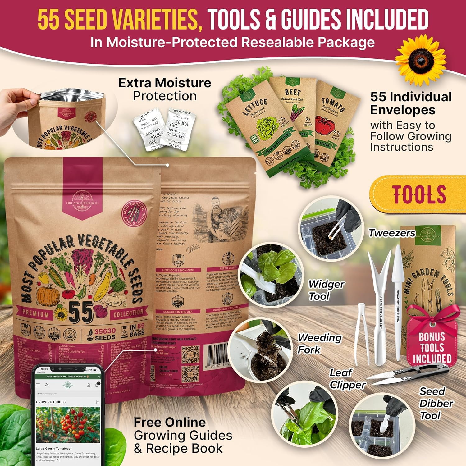 Organo Republic - 55 Vegetable Seeds Varieties - 35,600+ Non GMO Heirloom Garden Seeds For Planting