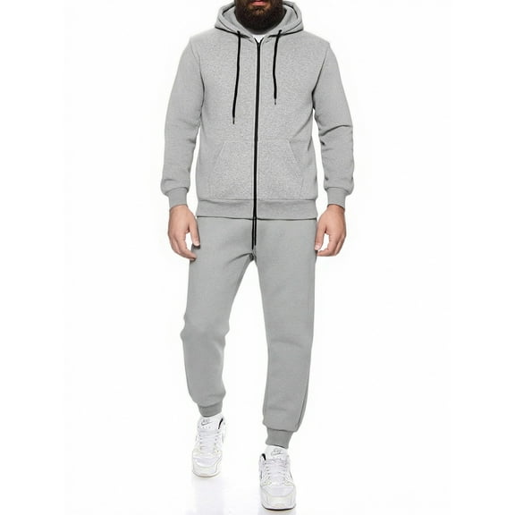 Dwelliawo Mens Zip Up Hoodie Sweatsuit 2 Piece Heavyweight Solid Color Sweat Hoodie Jogging Running Pant Set Casual Winter Suit with Pockets Light Gray XL