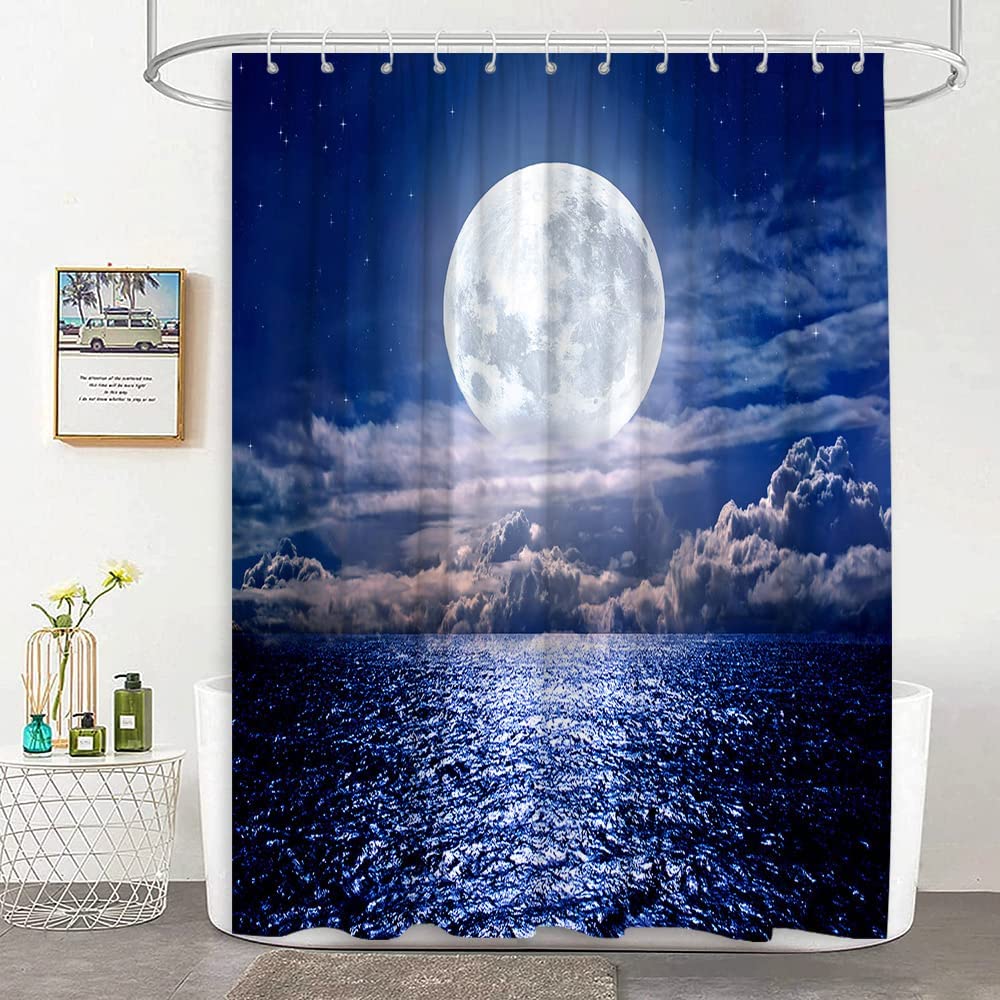 SPXUBZ Moon Shower Curtains Beach Ocean Tropical Night Full Moon Starry
