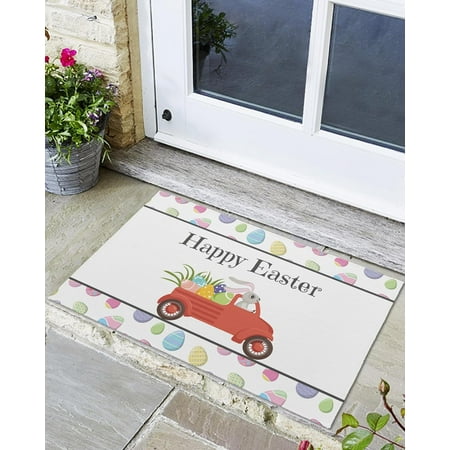 

Indoor Outdoor Mats Happy Easter Bunny Driving Red Truck Egg Border Door Mat Non-Slip Absorbent Resist Dirt Entrance Mat Washable Welcome Mats for Entryway Low-Profile Floor Mats