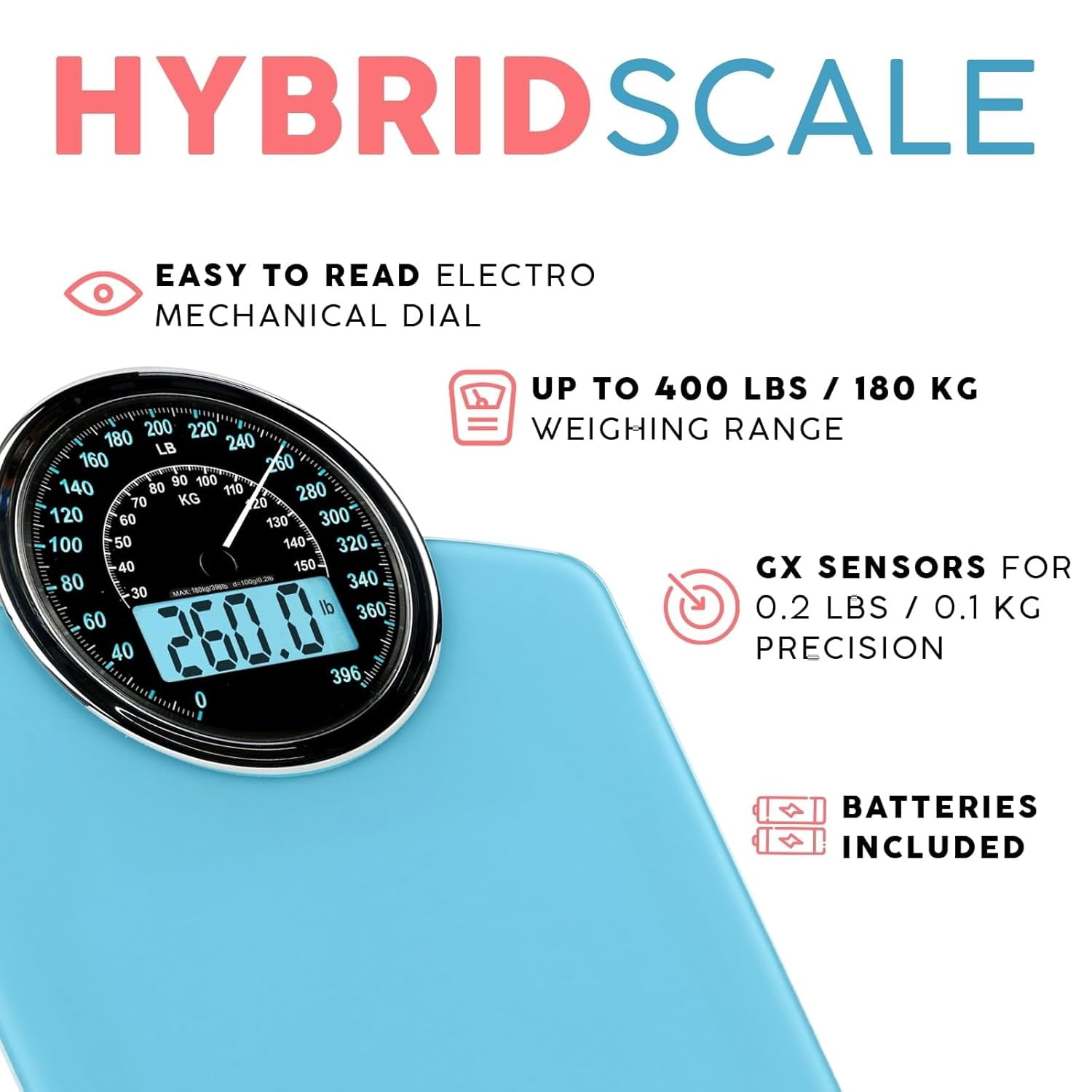 2-in-1 Analog & Digital Weighing Scale for Body Weight up to 400lbs - Thick Tempered Glass - Extra Large Display - Easy to Read Digital Bathroom Scale - New - Light Blue