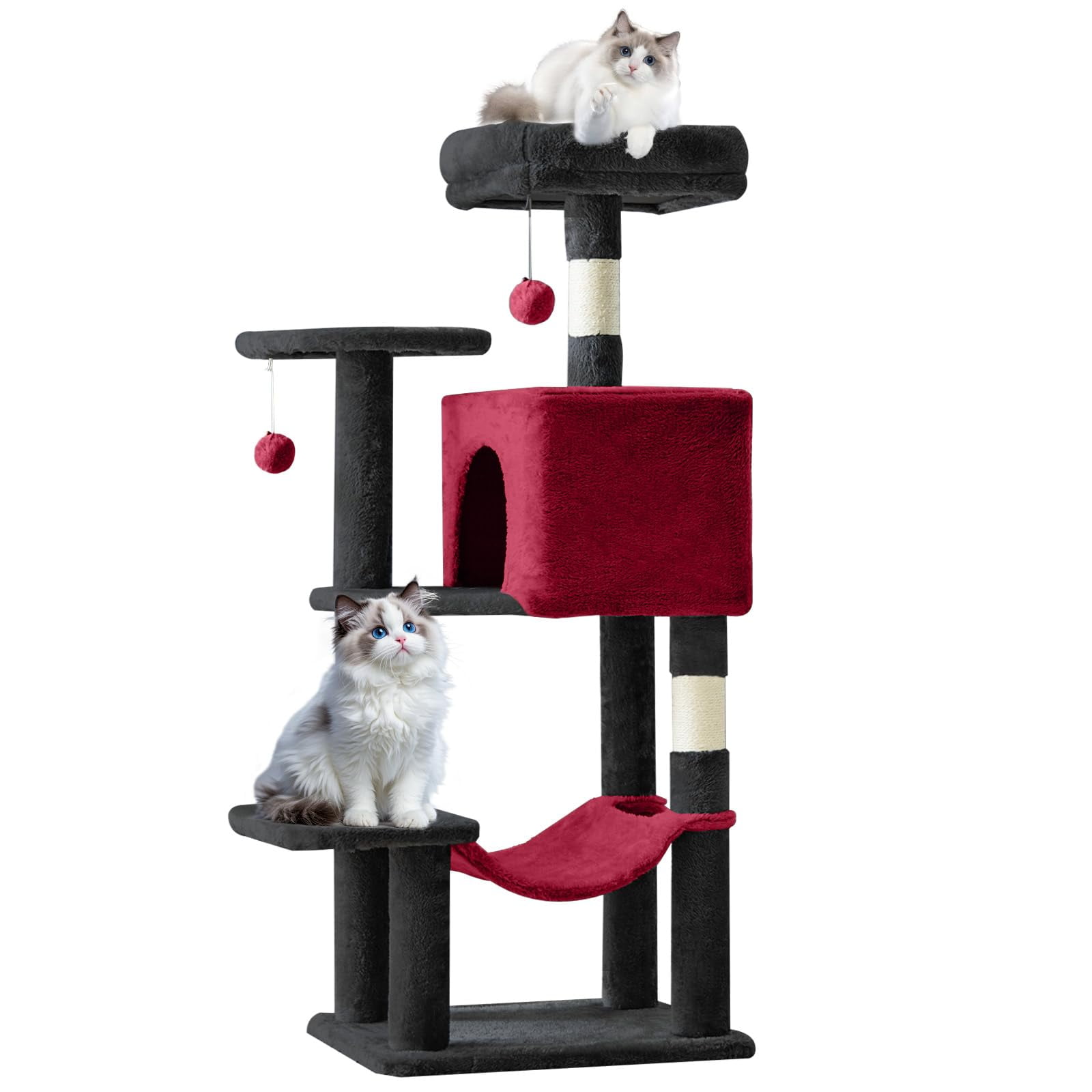 Atilioo 44 inch Cat Tree, Multi-Level Indoor Cat Tower with Condo, Hammock, Sisal Scratching Posts, Anti-Tip Bolts for Indoor Cats, Black Red