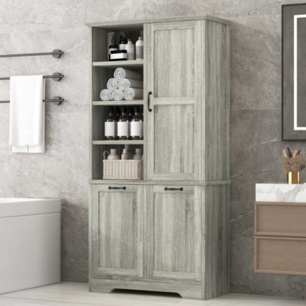Bathroom Storage Cabinet with Doors and Drawers, Tall Laundry Hamper Cabinet with 2 Tilt-Out Baskets, Adjustable Shelves, Open Storage, Light Oak