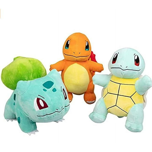 Paquete de 3 peluches de 20 cm: Bulbasaur, Charmander y Squirtle. Un peluche grande, suave y cómodo, un regalo ideal para niños y niñas.