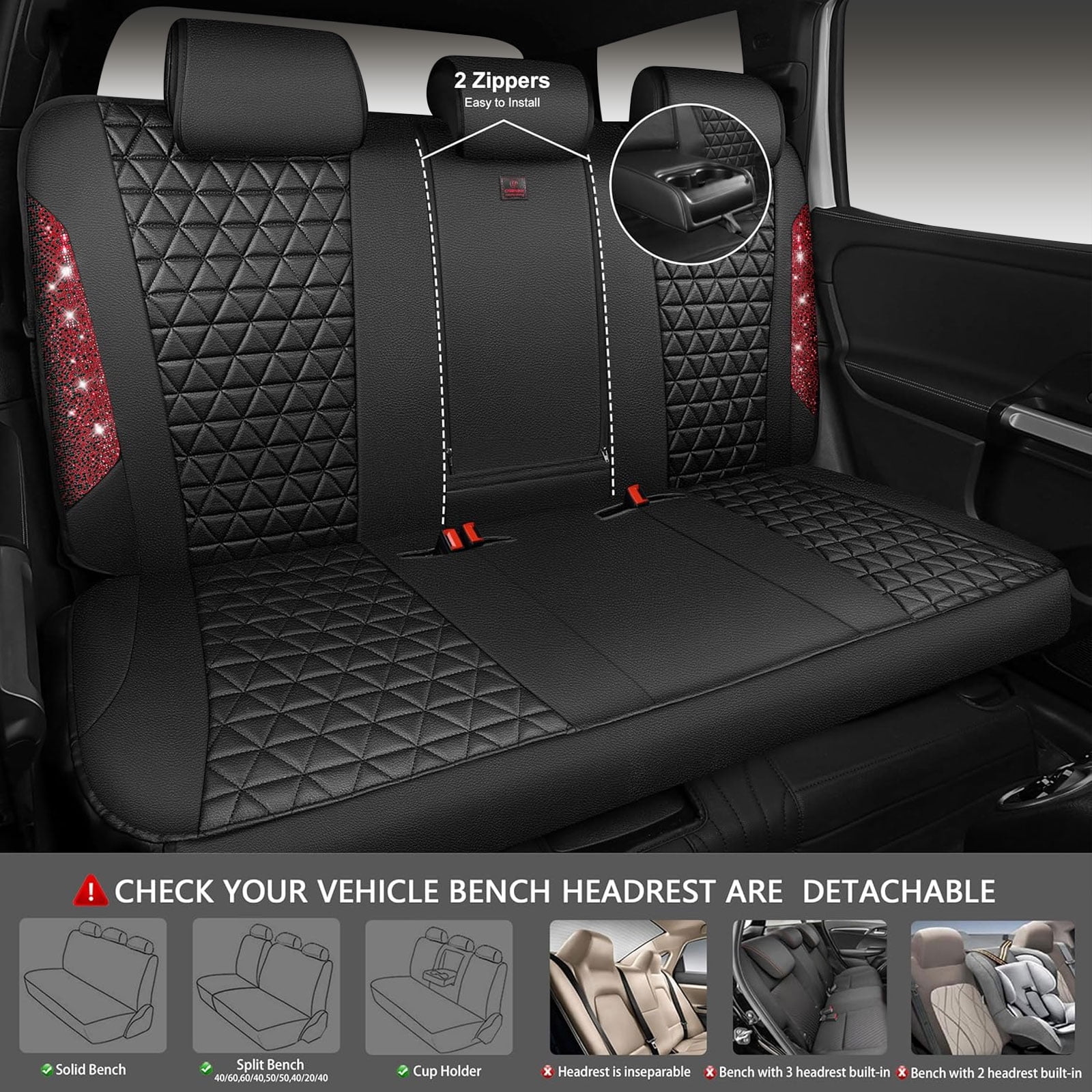 CAR GRAND Bling diamond leather automotive seat covers full set water proof shining glitter sparkly crystal rhinestone universal armrest fit girl woman lady red