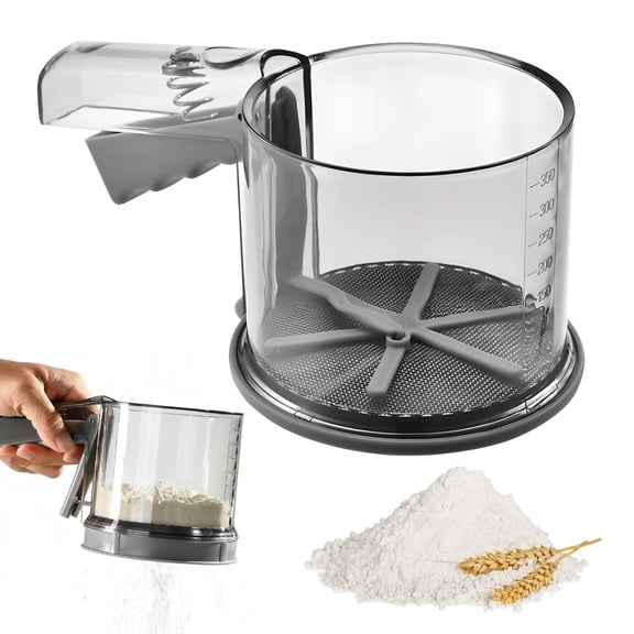 3-Cup Flour Sifter, Manual Sieve with Double-layer Stainless Steel Mesh, Fine Mesh Flour Shaker with Press Handle & Detachable Lid, Handheld Kitchen Baking Tool