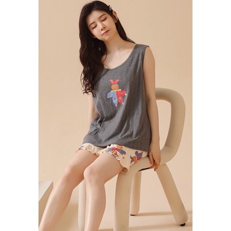 

QWZNDZGR Summer 4XL Vest PJ Pajamas For Women Kawaii Girls Sleepwear Cartoon Pajama Sets Pyjamas Yellow Plaid Sleepwear Homewear Fashion
