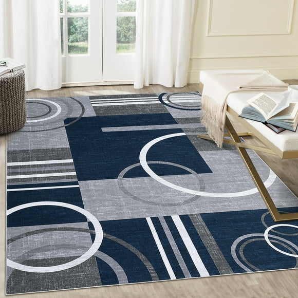 Hasoo Washable Area Rug 5' x 7' Rugs for Dining Room Modern Abstract Geometrical Carpet, Navy
