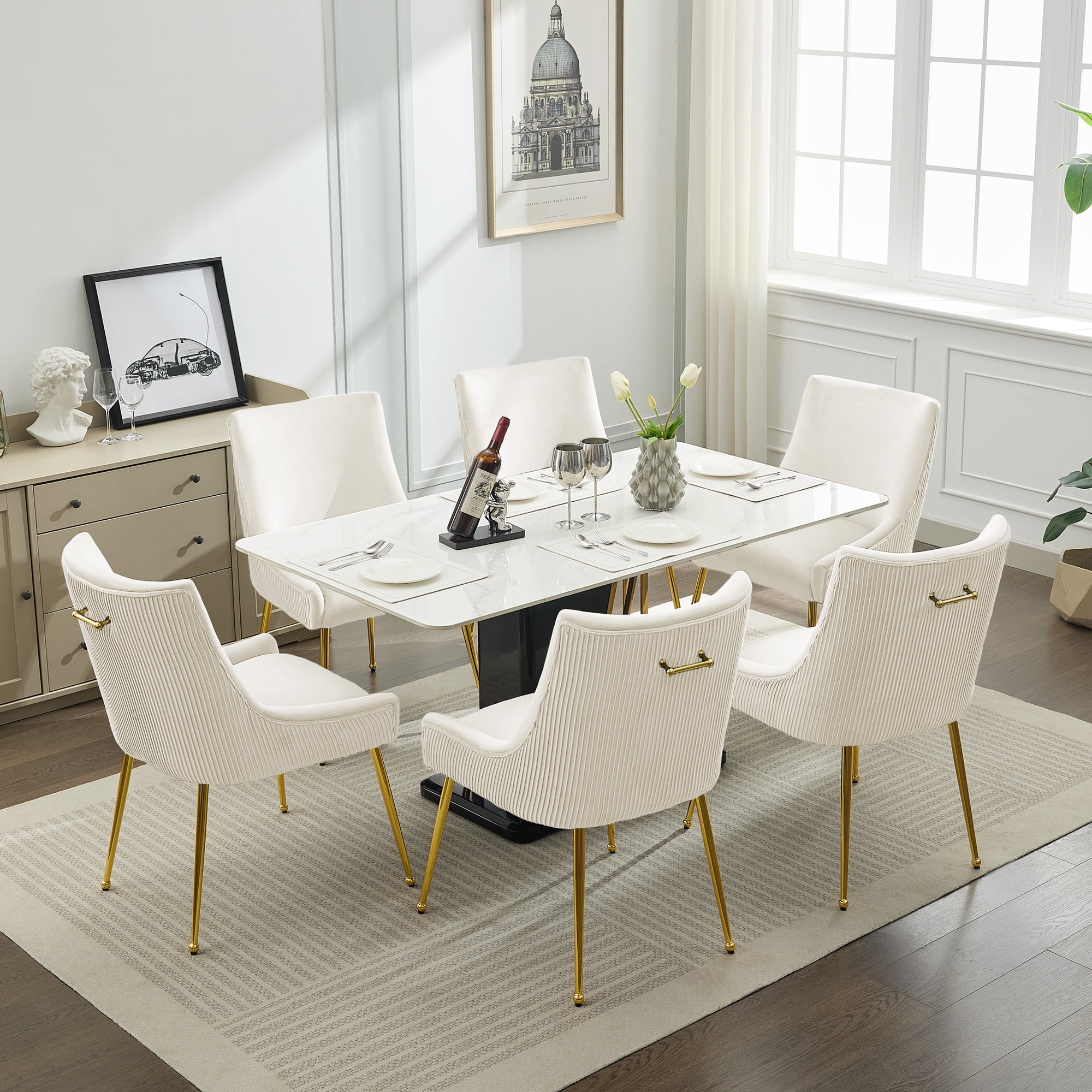 Velvet Dining Chairs Set of 4 with Gold Legs, Upholstered Accent Chairs, Pleated Back & Gold Pull Handle, Mid-Century Modern for Dining Room, Kitchen, Living Room, Beige