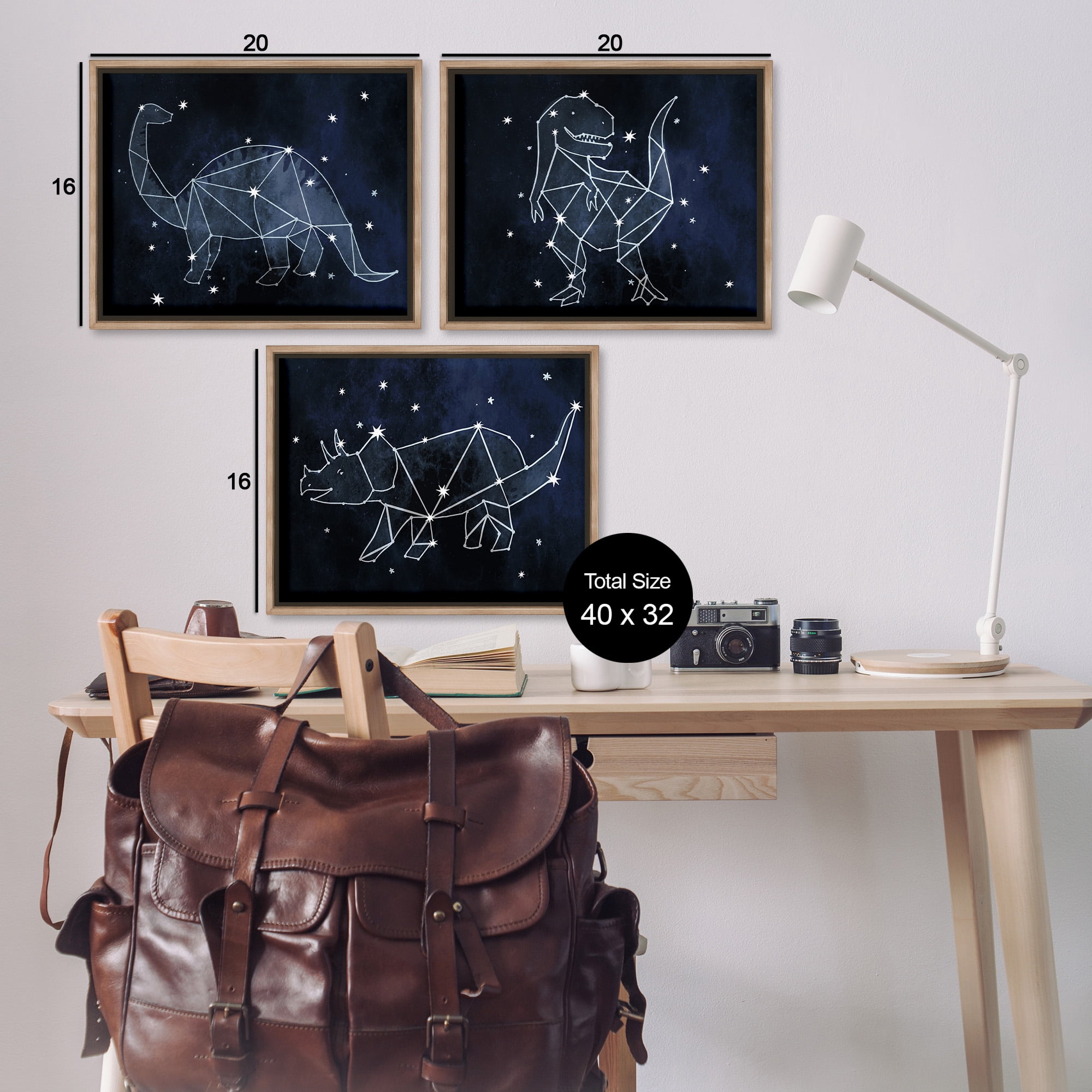 Stupell Industries Night Sky Dinosaur Constellations Animals & Insects Painting Brown Floater Framed Canvas Art Print Wall Art, 21 x 17, Set of 3