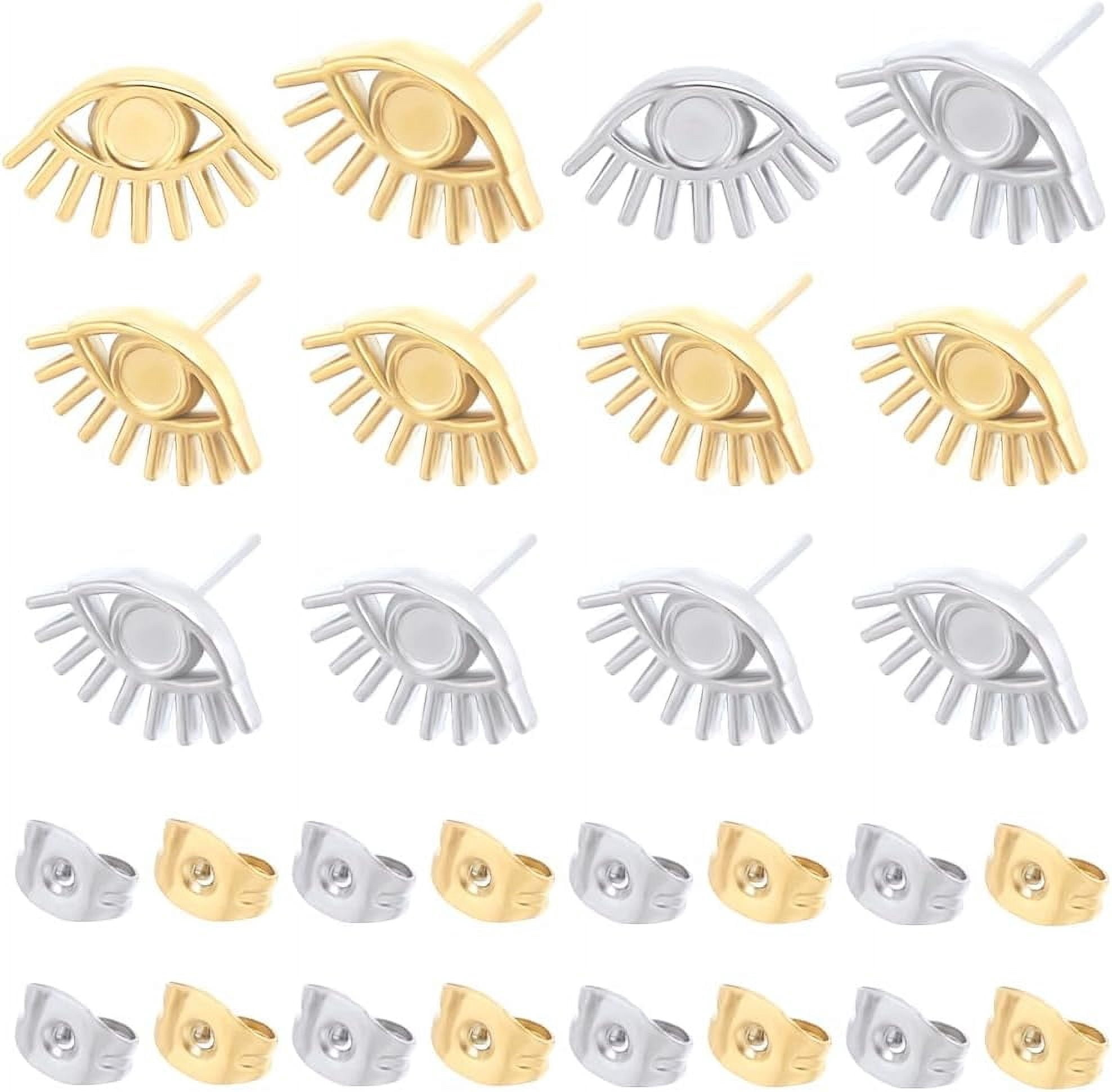 1box 18 Pairs 2 colors 304 Stainless Steel Eye Stud Earring Finding Earring Settings with Round Tray Golden & Stainless Steel color 8.5x13mm Pin: 0.9mm Tray: 3mm 9 Pairs/color