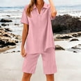 thumbnail image 3 of Costeam Womens 2 Piece Linen Blend Co Ord Set Notch Collar Button V Neck Short Sleeve Top Dual Side Pockets Elastic Waist Shorts Solid Color Summer Two Piece Outfit, 3 of 8
